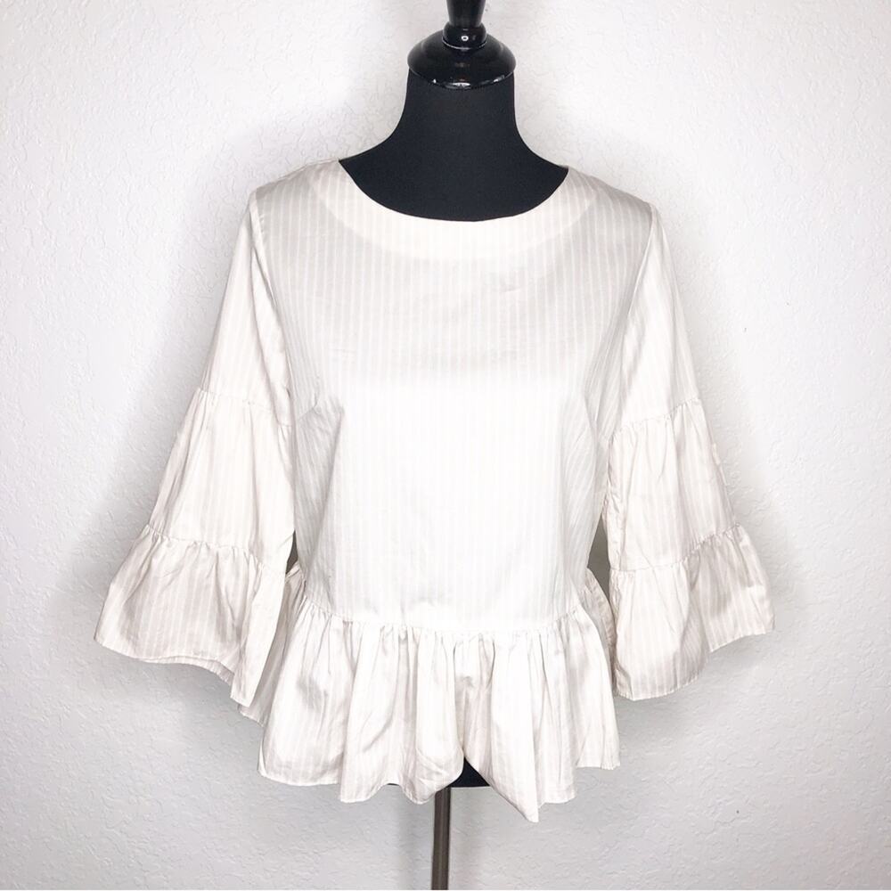 Tyler Boe tan and white striped ruffle‎ pleated hem sleeve top size Medium